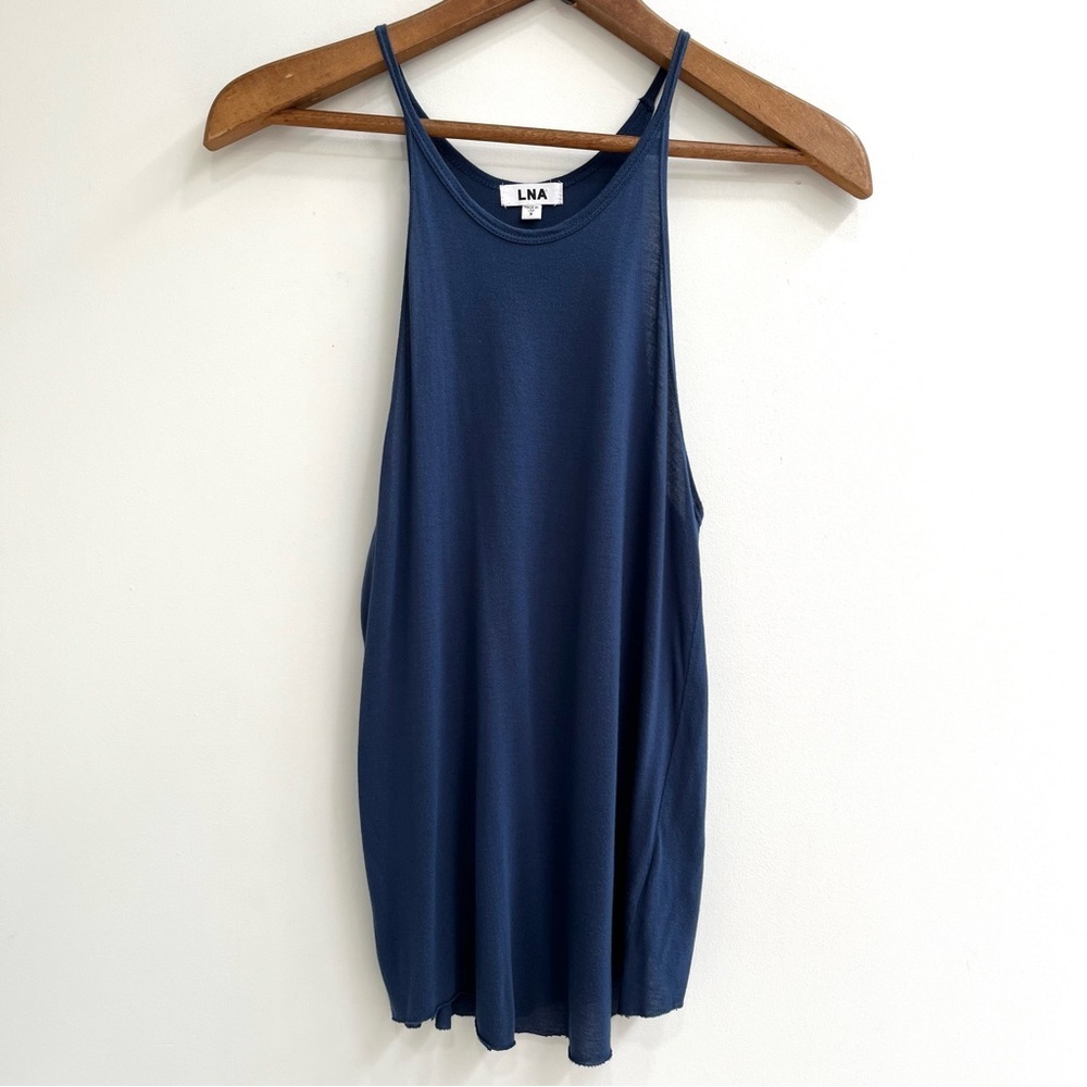 LNA blue tank top rounded raw hem modal size small